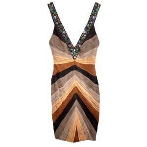 NWT Mandalay Stone Multi Silk Beaded Sequin Midi Evening Gown Dress Women Size 8